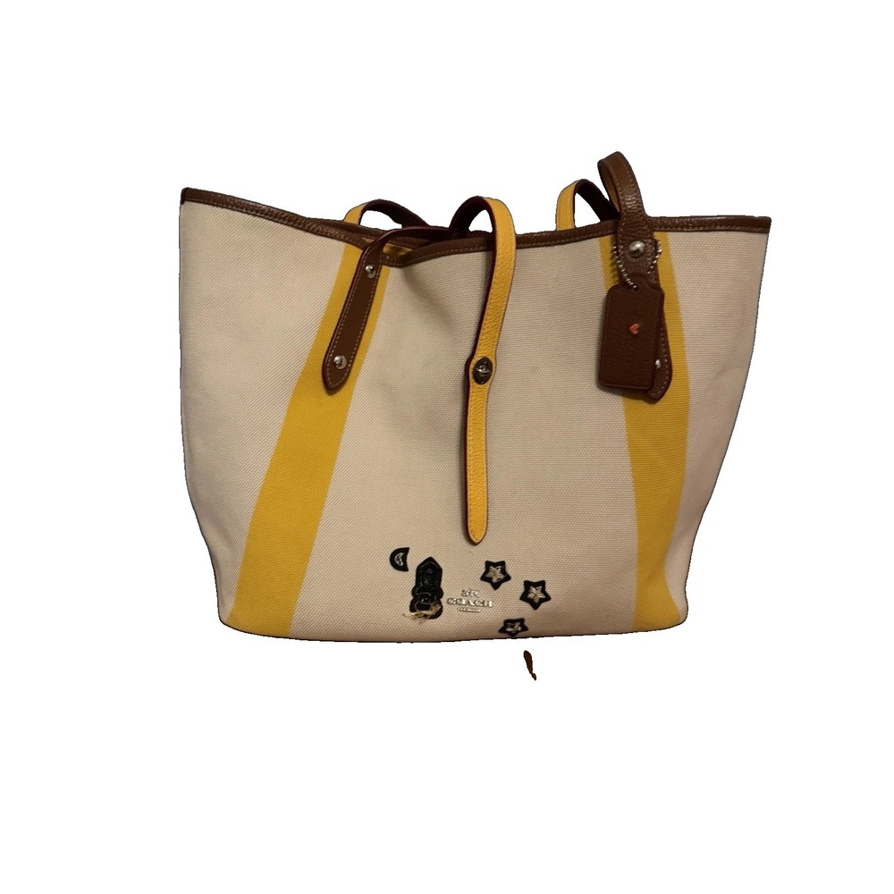 Coach 57076 Market Tote Canvas Souvenir Yellow Chalk Brown Leather Large